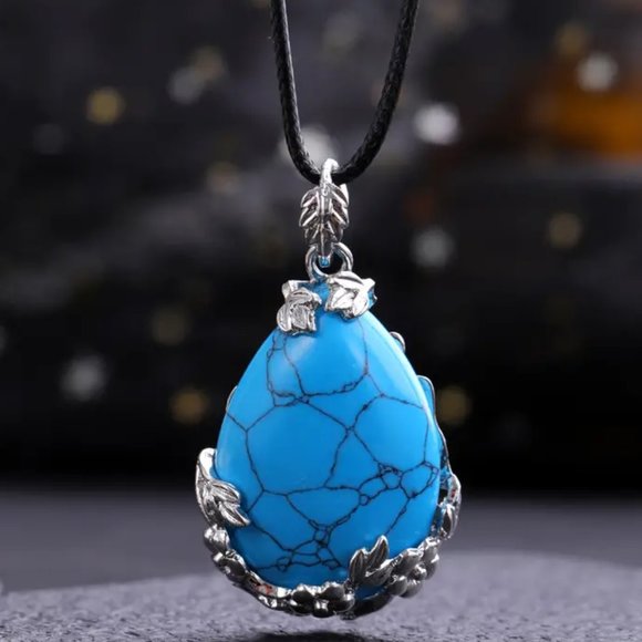 Drop Shaped Pendant Necklace Blue Howlite Stone Pendant - Picture 1 of 2